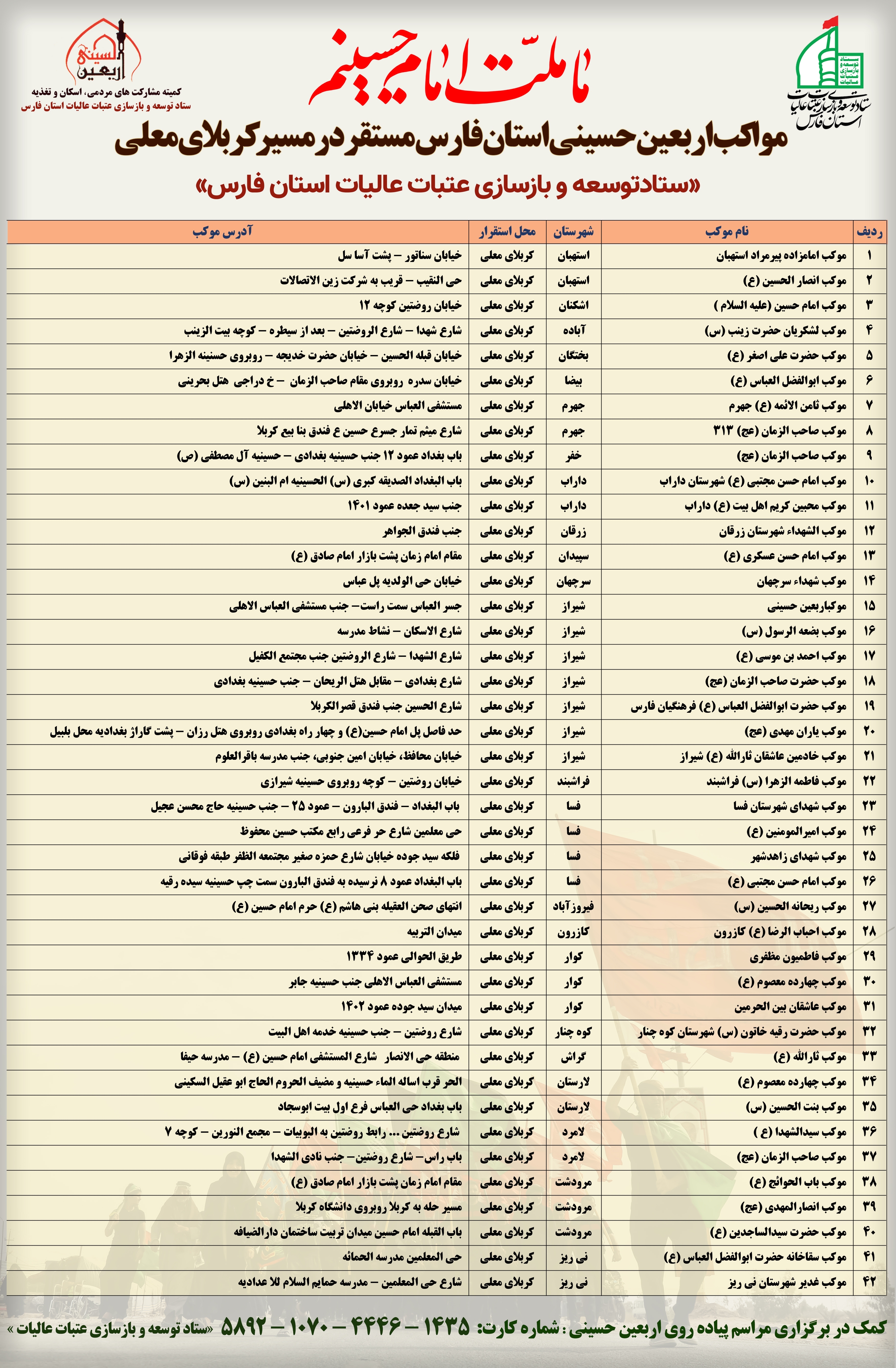 برپایی ۱۰۵ موکب اربعین حسینی از فارس + اسامی