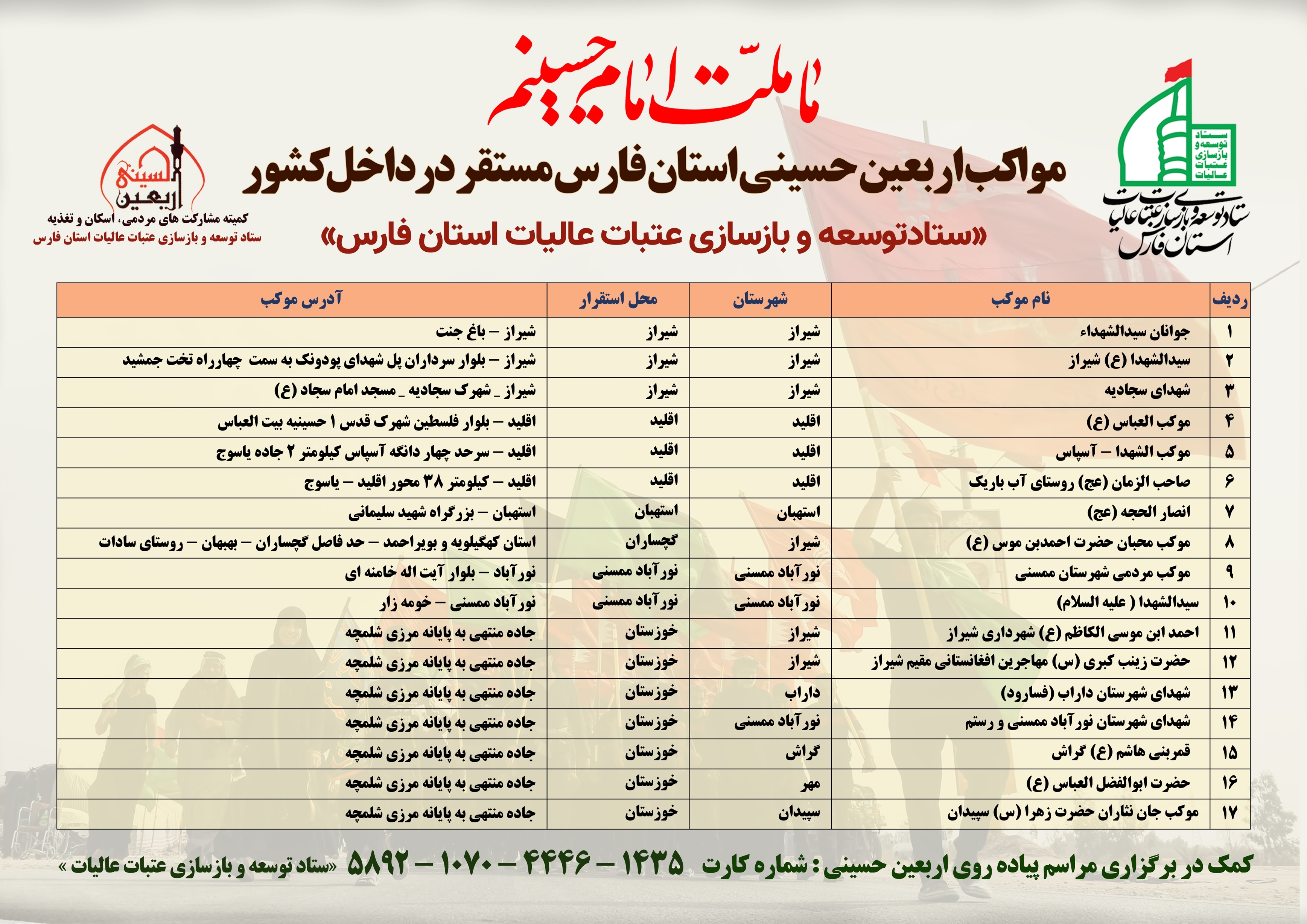 برپایی ۱۰۵ موکب اربعین حسینی از فارس + اسامی